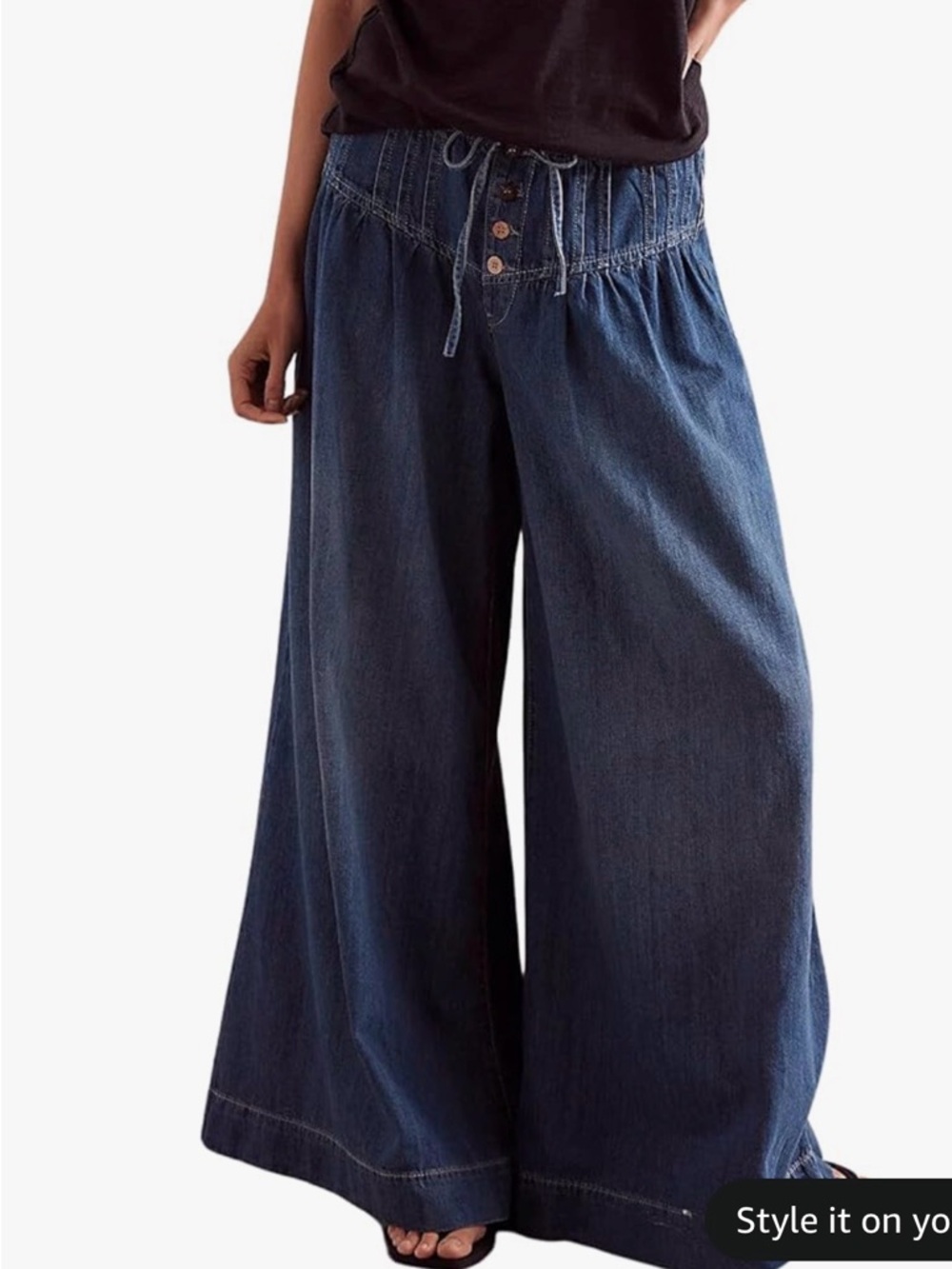 CHARTOU Women's Baggy Wide Leg Denim Pants Drawstring Midi Waisted Flare Small s